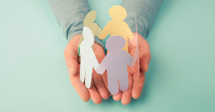 Human rights, friendship support and freedom, multicultural people holding hands, humanitarian help, no discrimination and racism
