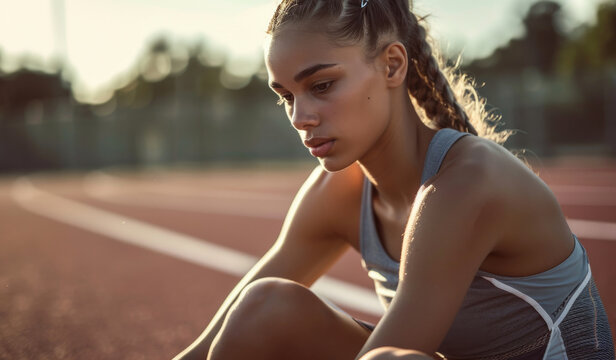 Beautiful, young, skinny girl, age 21, seated on a athletics track. She is looking down thoughtfully, adding a sense of introspection to the image’s overall minimalistic and calm aesthetic.