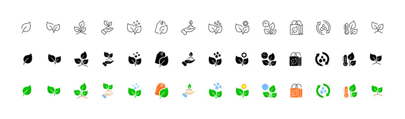 Leaves icon set. Linear, silhouette and flat style. Vector icons