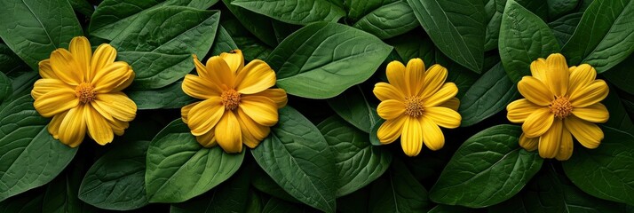 Wedelia Flowers Grow Among Green Leaves, Banner Image For Website, Background, Desktop Wallpaper