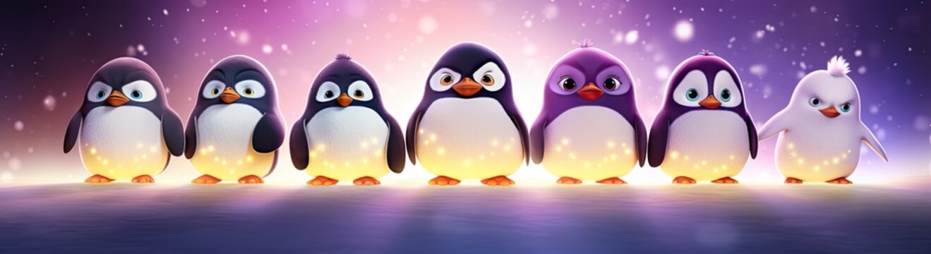 The endearing sight of aligned penguin chicks, radiating cuteness, framed by the glow of festive party lights.