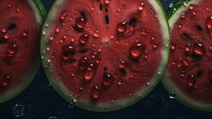 Fresh watermelon with water splashes and drops on black background