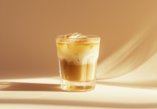 Caf&eacute; cremoso con hielo sobre fondo marr&oacute;n claro
