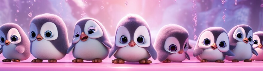 Fototapeta premium Charming penguin chicks gathered in a winter scene, irresistibly cute, adorned with festive party lights.