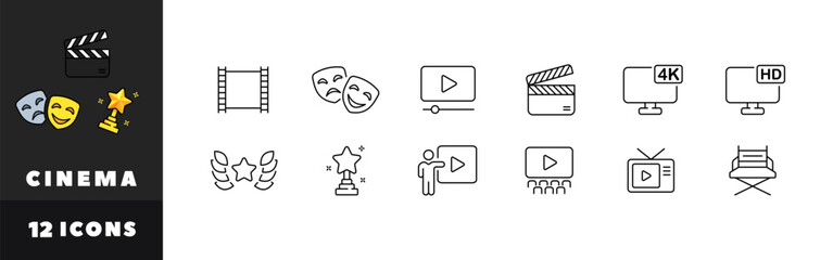 Cinema icon set. Cinema buttons. Linear style. Vector icons