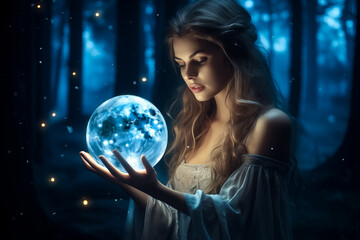 Naklejka premium Beautiful girl on a night with a magic ball. Astrology and Zodiac Concept. Generative Ai.