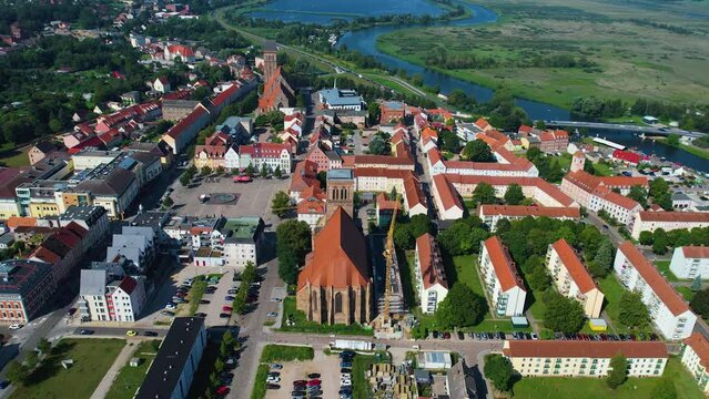 Aerial around the town of Anklam in Germany on a sunny highnoon