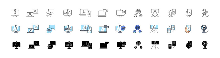 Communication icon set. Linear, flat and silhouette. Vector icons