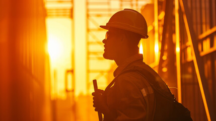 Obraz premium Modern worker, construction man with instrument, backlight, cinematic color