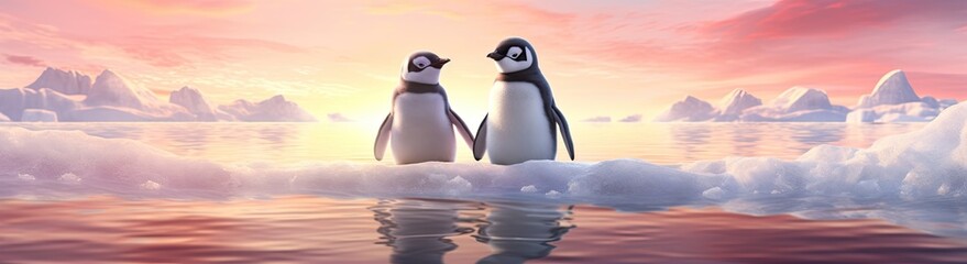 Obraz premium Charming penguin chicks gathered in a winter scene, irresistibly cute, adorned with festive party lights.
