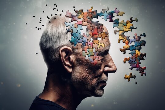 Cognitive decline, disorder, aging brain mosaic of thoughts forgetting dementia, mental mind patterns. Neuro creativity, innovative brainwaves ingenious, variegated neural landscape cognition tapestry