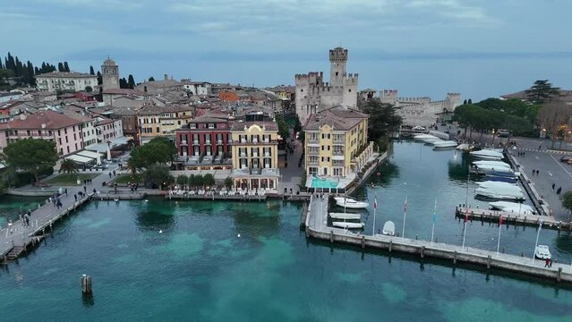 Aerial view of the castle in Sirmione. Italy, lake Garda.