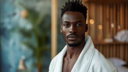 Portrait of handsome young man in bathrobe looking at camera while standing in spa salon