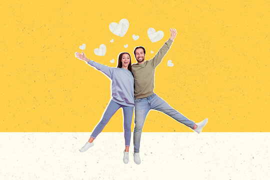 Horizontal creative photo collage of funny sweet couple jump together cuddling rising hands and legs smile laugh on yellow background
