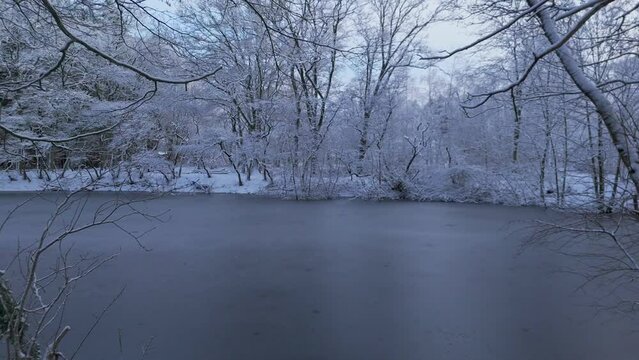Flying through trees in winter snow landscape towards frozen river
