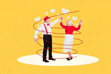 Horizontal creative photo collage of feel young old people dance much years together doodle love festive clothes on yellow background