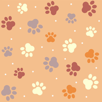 Colorful Cat paw on orange background seamless pattern, vector illustration