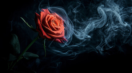 Red rose wrapped in smoke swirl on black background.