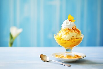 mango ice cream sundae with coconut flakes