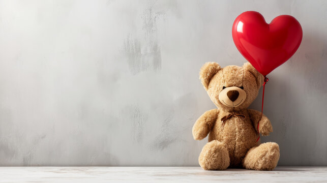 Teddy bear and a heart shaped balloon on light background with copy space