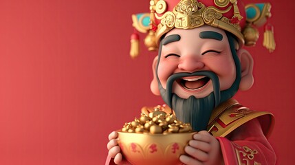 A cute Chinese God of wealth holding a large shiny gold ingot in his hand on a red background. - obrazy, fototapety, plakaty