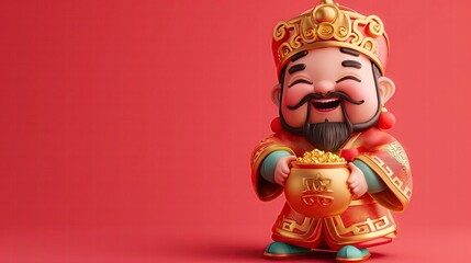 A cute Chinese God of wealth holding a large shiny gold ingot in his hand on a red background.
