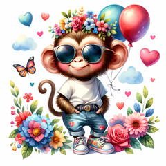 Cute monkey in jeans, t-shirt and sunglasses, flowers, balloons, kids digital illustration