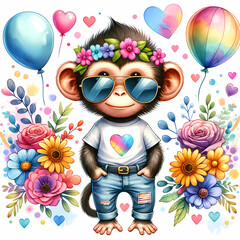 Cute monkey in jeans and sunglasses, flowers, balloons, children's digital illustration