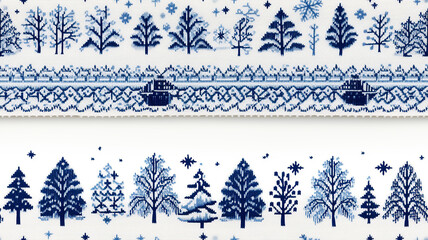 seamless background winter blue and white ornament, tiles, Christmas forest, a row of trees in winter patterns