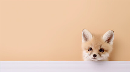 Obraz premium fox peeks out, on a smooth background in the studio
