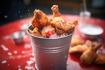 fried chicken pieces in a bucket with a soda can