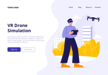 A young man uses virtual reality glasses to fly a drone outdoors. Exploring a VR technology. Vector flat illustrations for website, mobile app, and promo materials.