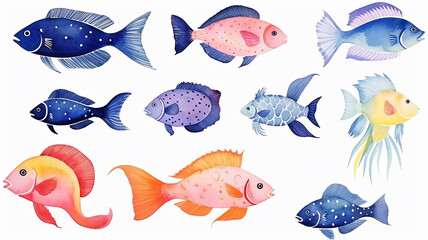 sea fish, collection, set, watercolor illustration isolated on a white background multicolored sea fish