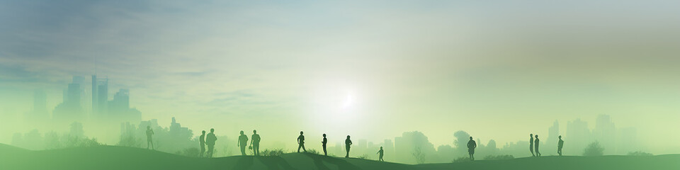 green planet, long narrow panoramic view row of abstract silhouettes of people against a green eco landscape, eco-friendly