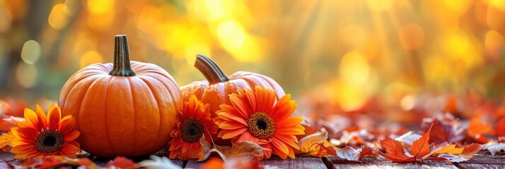  Autumn Still Life Stylish Pumpkins Flowers, Banner Image For Website, Background, Desktop Wallpaper