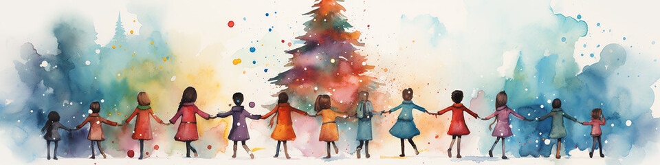 row of children holding hands and dancing round dance around Christmas tree, long narrow panoramic view watercolor illustration holiday