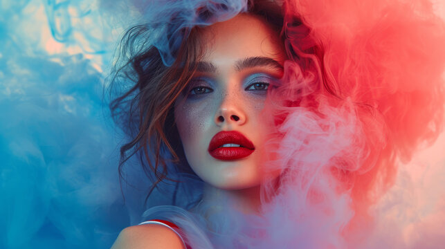 Young woman surrounded by a red and blue cloud of smoke on isolated pastel blue background. Abstract fashion concept. Close-up portrait of top model