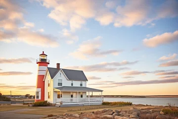 Foto auf Acrylglas lighthouse near a coastal cape cod home © studioworkstock