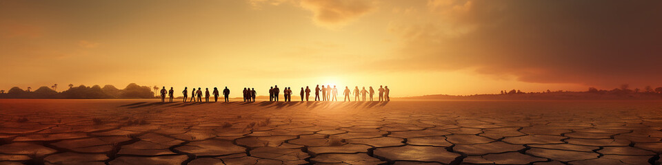 silhouette of a group of people at sunset in the desert, long narrow panoramic view, climate change, global warming,  dry land landscape