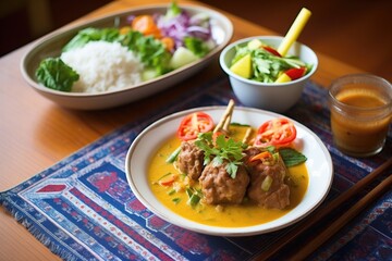 lamb korma meal with side salad, dressing, on a bamboo placemat
