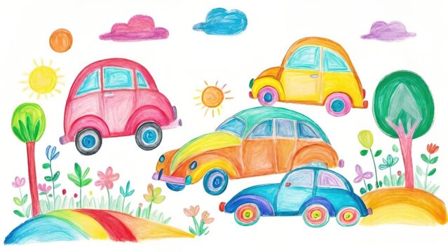 Childlike Drawing of Cars, House, Tree, Sun Illustration, Colorful Chalk Isolated on White Background