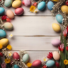 Obraz na płótnie Canvas colorful Easter eggs lie on a light wooden background. unusual multi-colored Easter eggs. Easter background. wooden white background. with place for text in the shape of a circle