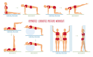 Woman doing exercises for kyphotic lordotic posture rehabilitation. Educational instructions for physiotherapist, stretching and strengthening muscles in flat design.