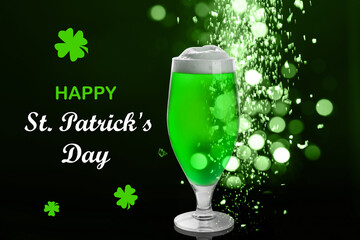 Happy St. Patrick's Day. Tasty green beer on dark background, bokeh effect