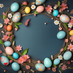 Naklejka na ściany i meble vintage empty frame surrounded by Easter eggs, flowers and decor. wooden frame for text. frame in Easter style