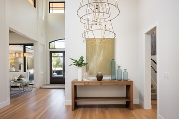 highceiling entryway with a modern chandelier and console table - obrazy, fototapety, plakaty