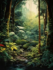 Fototapeta premium Handmade Jungle Artistry: Serene Rainforest Canopies Original Painting