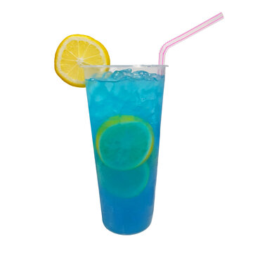 Blue Lemon Soda and Ice in a tall plastic cup with straw, garnished with sliced lemon on top. Refreshing blue lemonade drink, no label for mock up template. Isolated on white background.