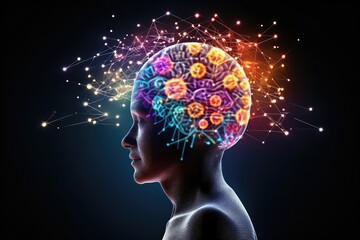 Skull's neurons gem-toned creativity. Synaptic connections, dappled in vivid hues, ignite inventive neural processes. Flamboyant blossom of imagination brain's playground, thoughtful playful thoughts