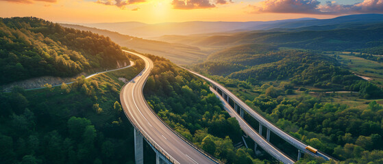 Aerial view of highway road bridge - obrazy, fototapety, plakaty